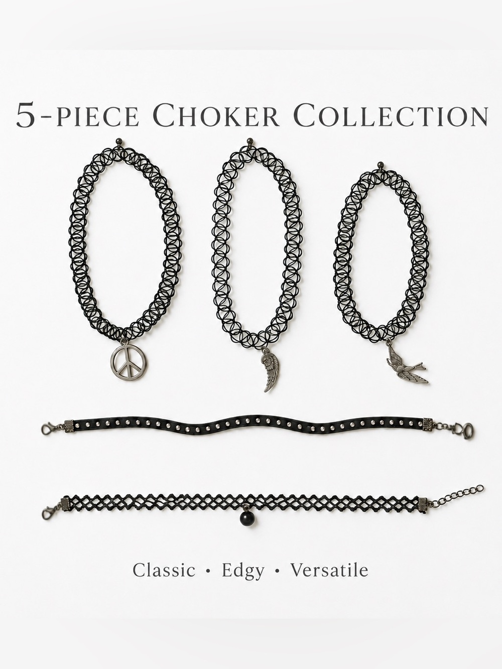 Vintage Black 5-Piece Women's Choker Necklace Set